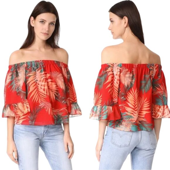 Rebecca Minkoff Faith Off Shoulder Tropical Palm Print Blouse Red Green Size XS - Picture 1 of 16